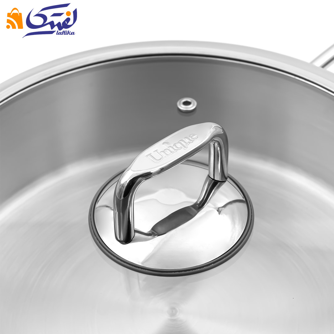 قیمت تابه استیل یونیک درب دار دو دسته مدل UN-9912 سایز 24 طرح فلت