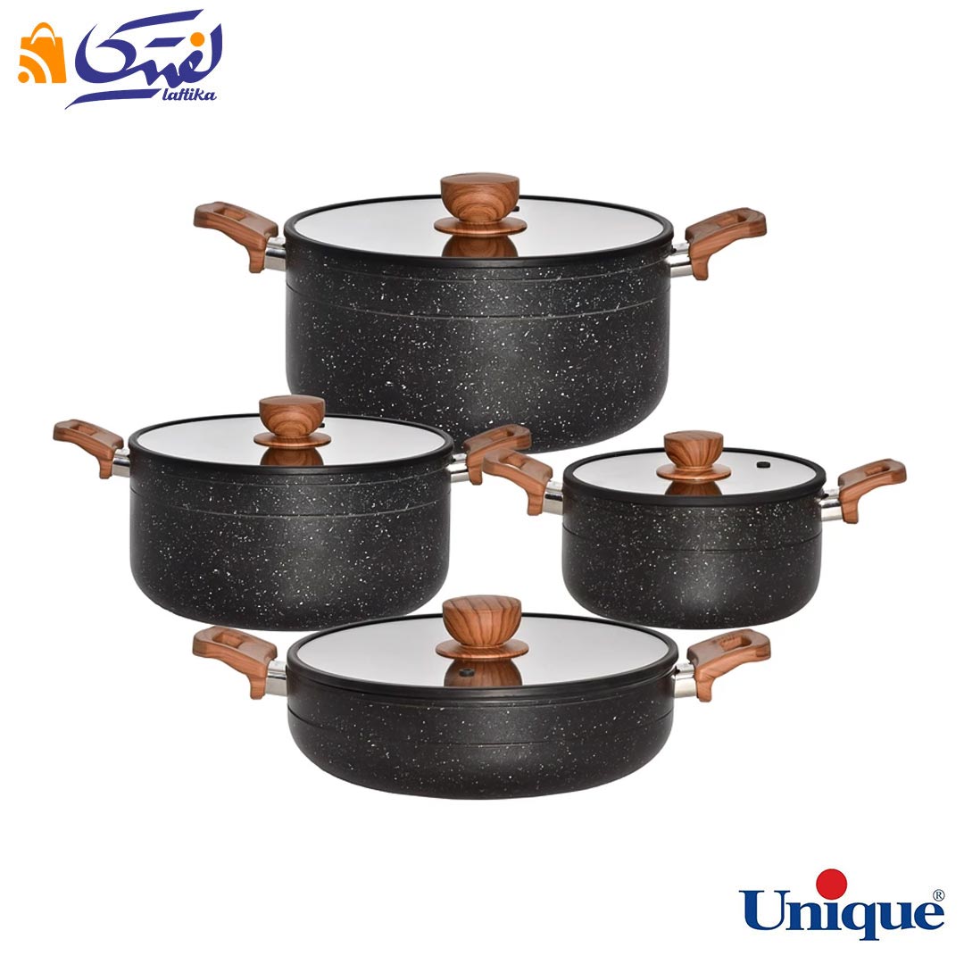سرویس قابلمه 8 پارچه یونیک مدل رویال مشکی کف گرانیت درب سیلیکون دسته چوبی UN-8184