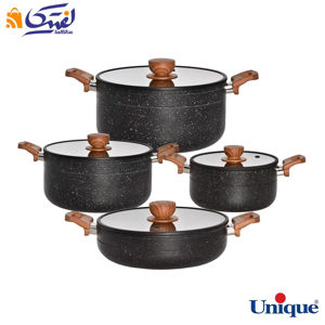 سرویس قابلمه 8 پارچه یونیک مدل رویال مشکی کف گرانیت درب سیلیکون دسته چوبی UN-8184