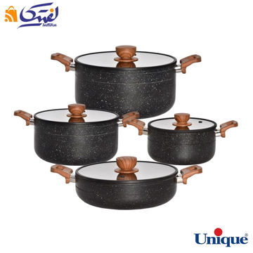 سرویس قابلمه 8 پارچه یونیک مدل رویال مشکی کف گرانیت درب سیلیکون دسته چوبی UN-8184