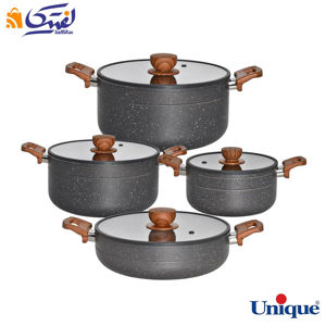 سرویس قابلمه 8 پارچه یونیک مدل رویال طوسی کف گرانیت درب سیلیکون دسته چوبی UN-8186