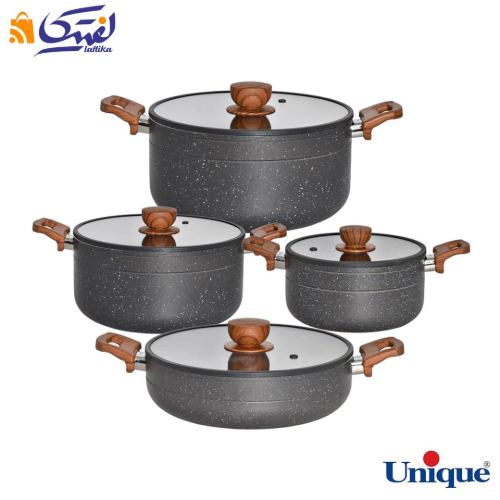سرویس قابلمه 8 پارچه یونیک مدل رویال طوسی کف گرانیت درب سیلیکون دسته چوبی UN-8186