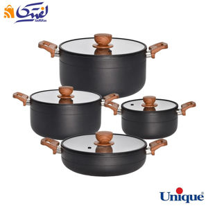 سرویس قابلمه 8 پارچه یونیک مدل رویال مشکی درب سیلیکون دسته چوبی UN-8188