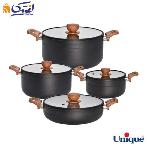 سرویس قابلمه 8 پارچه یونیک مدل رویال مشکی درب سیلیکون دسته چوبی UN-8188
