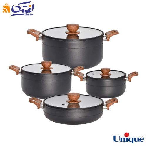 سرویس قابلمه 8 پارچه یونیک مدل رویال طوسی درب سیلیکون دسته چوبی UN-8190