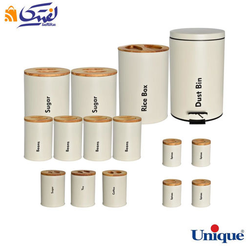 سرویس آشپزخانه UN-8056 یونیک 16 پارچه نباتی(کرم) با درب بامبو
