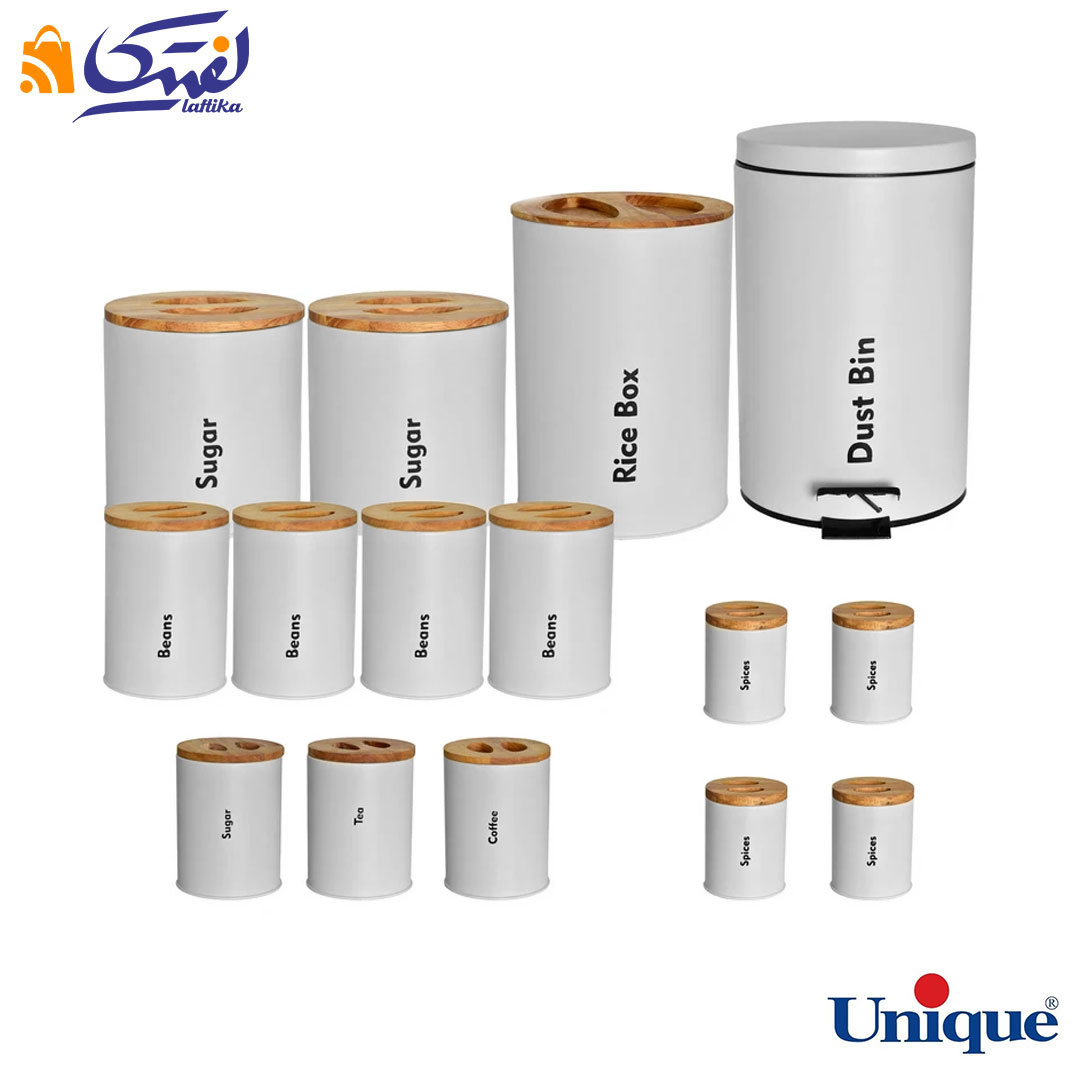 سرویس آشپزخانه یونیک 16 پارچه UN-8058 طوسی روشن با درب بامبو