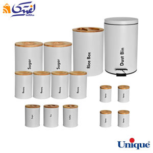 سرویس آشپزخانه یونیک 16 پارچه UN-8058 طوسی روشن با درب بامبو