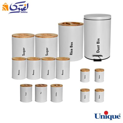 سرویس آشپزخانه یونیک 16 پارچه UN-8058 طوسی روشن با درب بامبو