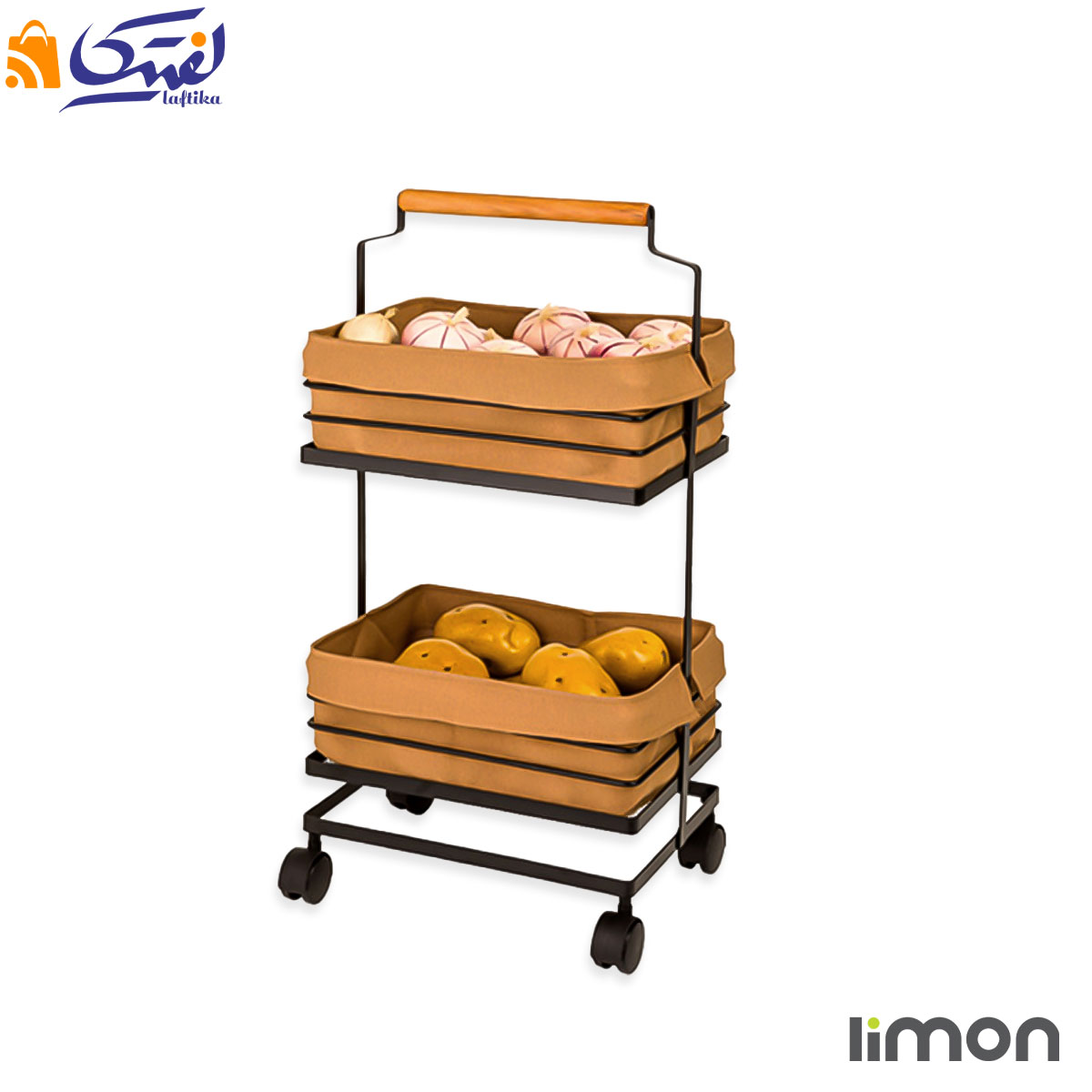 جا سیب زمینی و پیاز لیمون فلزی 2 طبقه دسته چوبی 2324