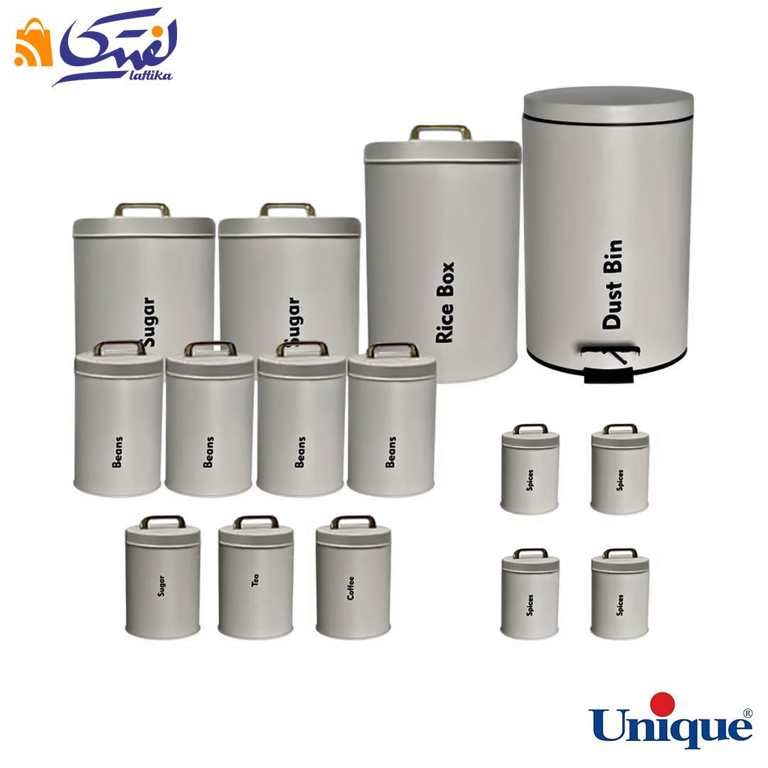 سرویس آشپزخانه یونیک 16 پارچه UN-8079 طوسی روشن با درب فلزی