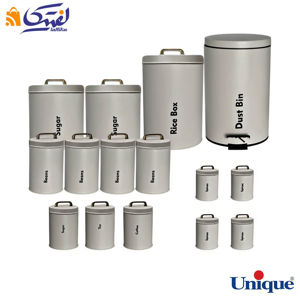 سرویس آشپزخانه یونیک 16 پارچه UN-8079 طوسی روشن با درب فلزی