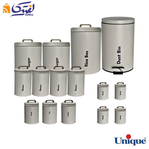 سرویس آشپزخانه یونیک 16 پارچه UN-8079 طوسی روشن با درب فلزی