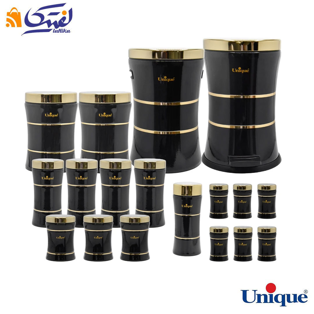 سرویس آشپزخانه 18 پارچه یونیک کمر باریک خطی مشکی براق طلا UN-4698