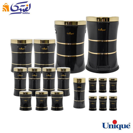 سرویس آشپزخانه یونیک UN-4698 کمر باریک خطی مشکی طلایی براق 18 پارچه