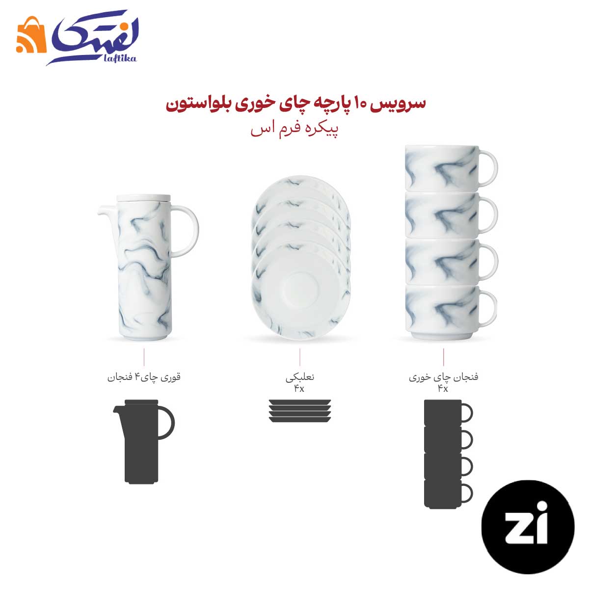 ترکیب سرویس چای خوری 10 پارچه بلواستون فرم اس مارک زی