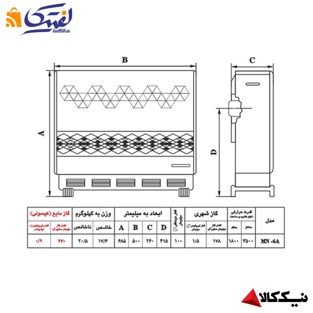 مشخصات بخاری گازی نیک کالا مدل صبا MN6A