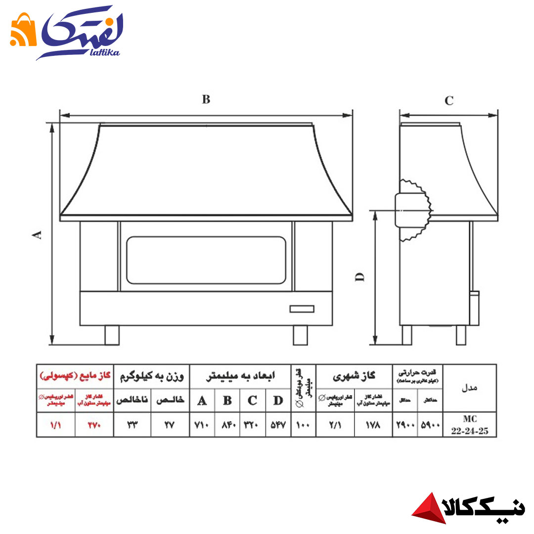قیمت بخاری گازی شومینه ای نیک کالا مدل آذر MC24