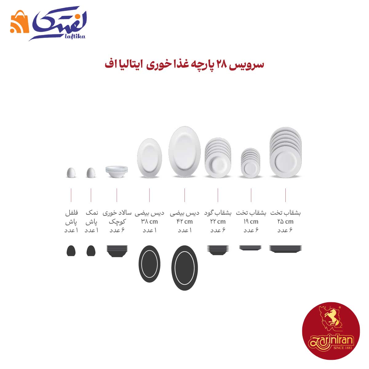 ترکیب سرویس غذاخوری چینی زرین ایتالیا اف 6 نفره 28 پارچه