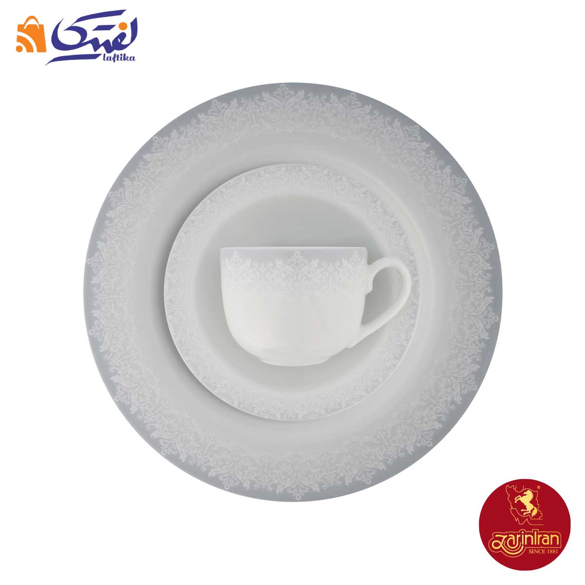 نمای بالا از بشقاب و فنجان چینی زرین ایتالیا اف سابرینا