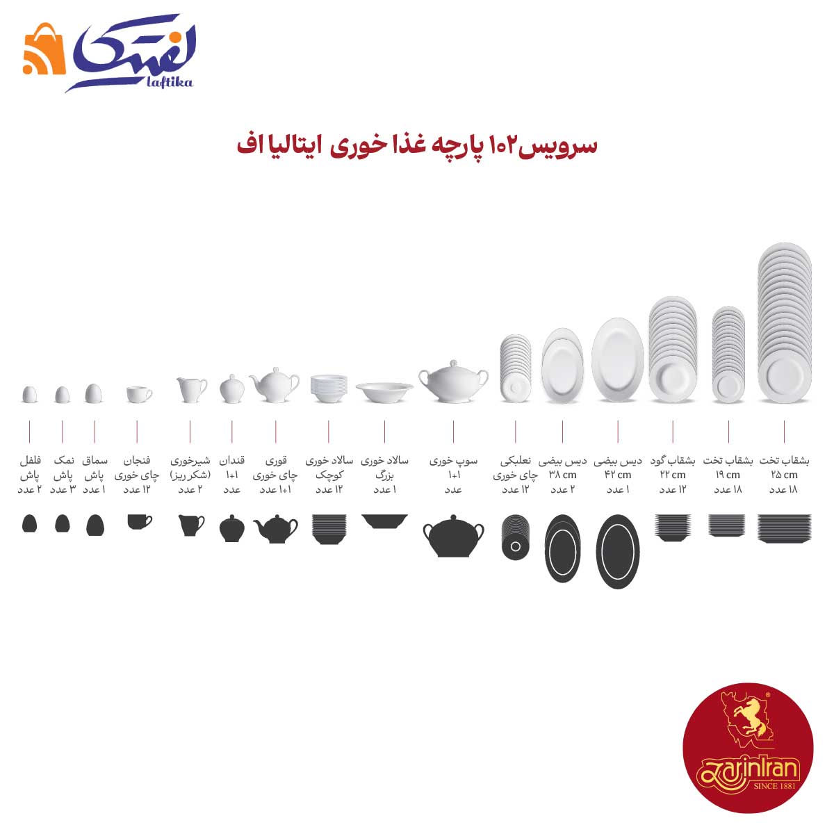 ترکیب سرویس چینی زرین ایتالیا اف 12 نفره 102 پارچه