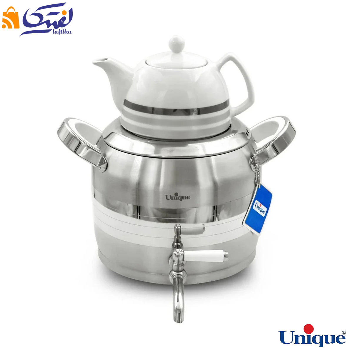 کتری استیل 5 لیتر با قوری چینی طرح ترک یونیک UN-7295 دسته کالیت نسوز