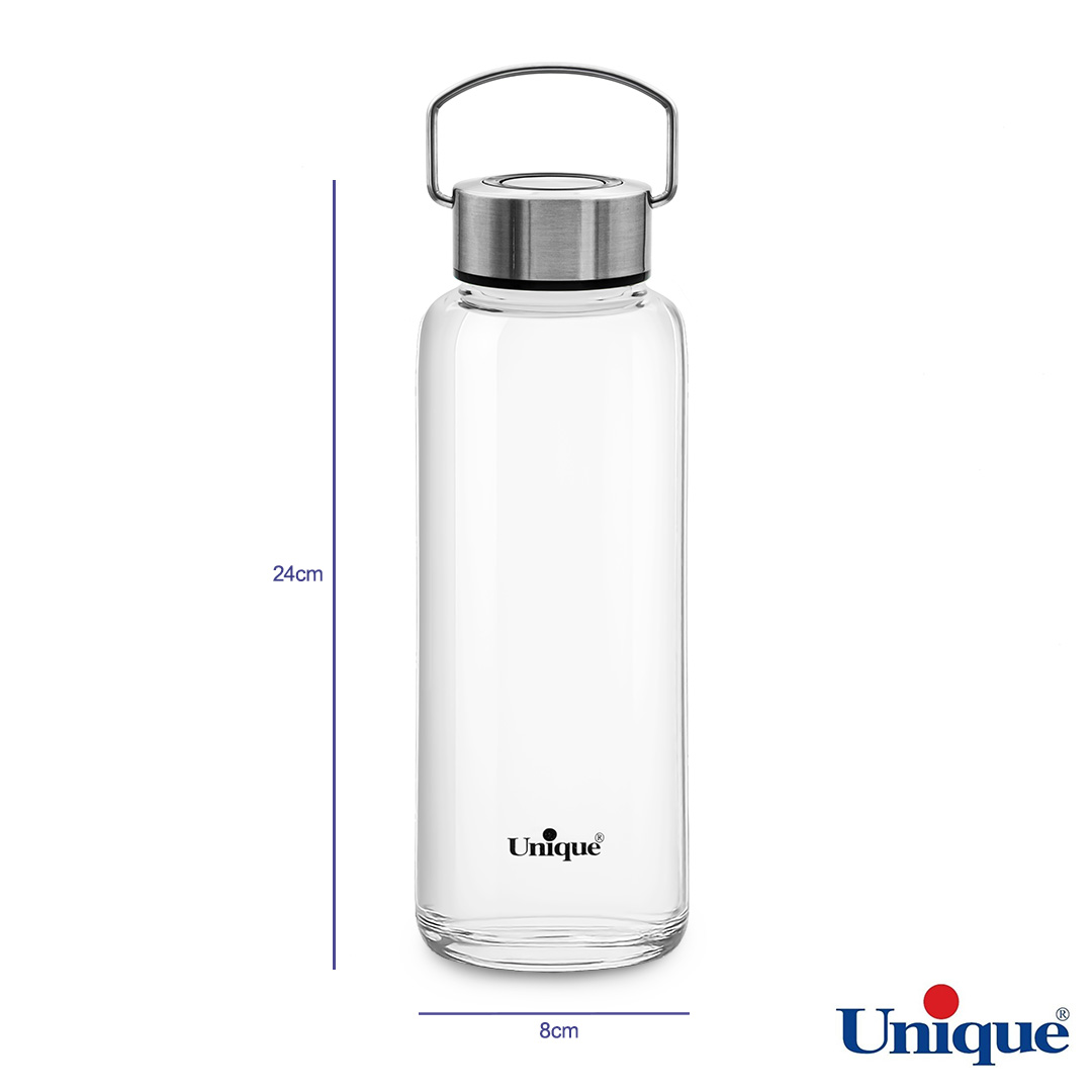 ابعاد بطری آب شیشه ای متوسط درب استیل دسته دار 1030 میلی لیتر یونیک UN-3077