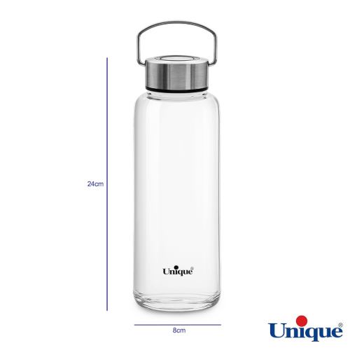 ابعاد بطری آب شیشه ای متوسط درب استیل دسته دار 1030 میلی لیتر یونیک UN-3077
