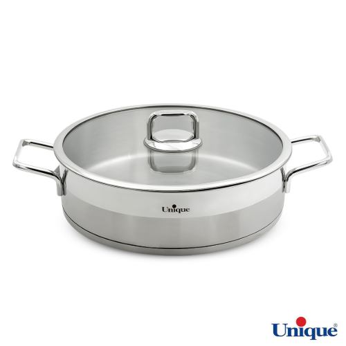 تابه استیل یونیک UN-9910 درب دار دو دسته سایز 28 طرح فلت
