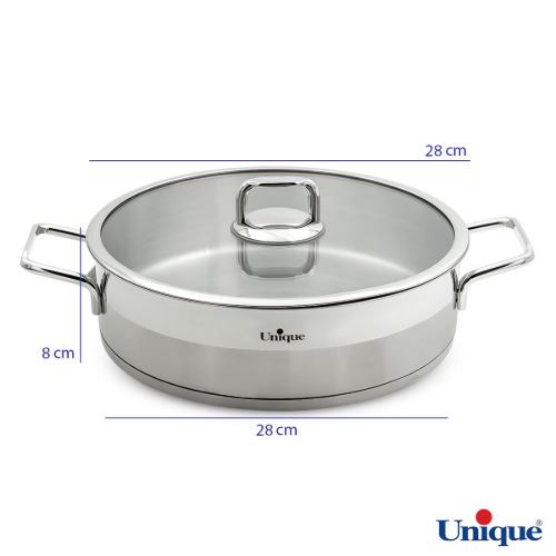 تابه استیل یونیک درب دار دو دسته سایز 28 طرح فلت