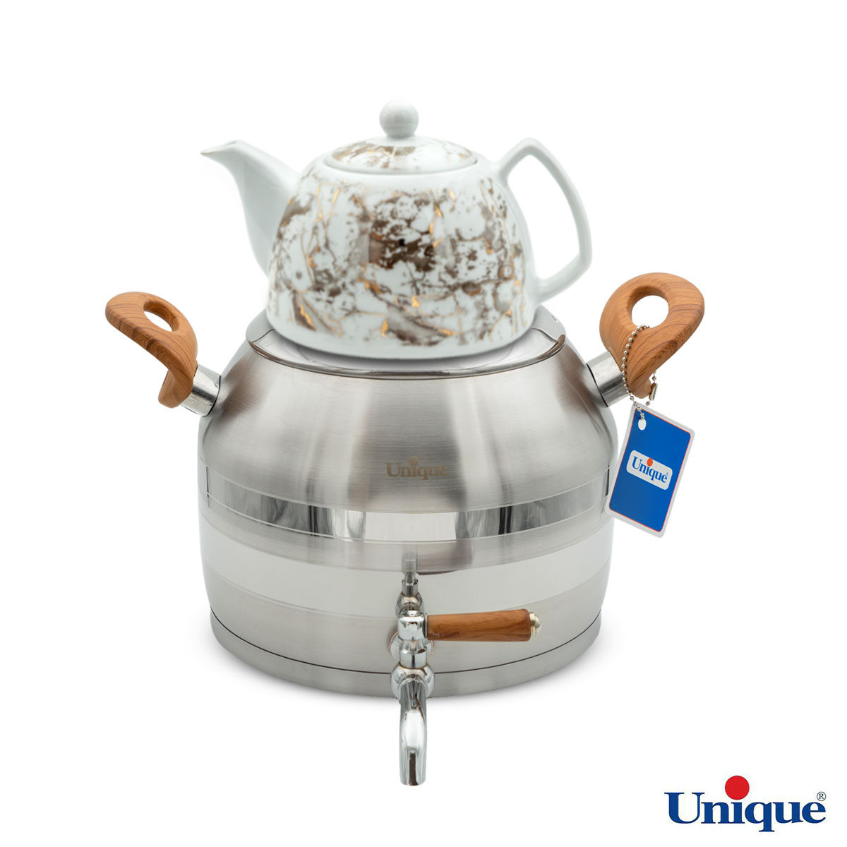 کتری استیل 5 لیتر و قوری چینی یونیک طرح ترک UN-7293 دسته چوبی