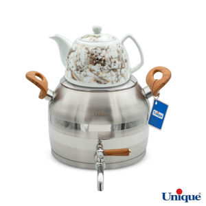 کتری استیل 5 لیتر و قوری چینی یونیک طرح ترک UN-7293 دسته چوبی