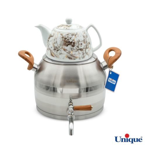 کتری استیل 5 لیتر و قوری چینی یونیک طرح ترک UN-7293 دسته چوبی