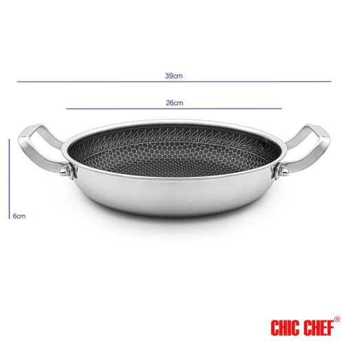 ابعاد تابه استیل کربنی CHI-3028 دو دسته چیک شف