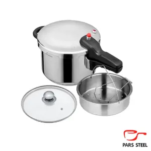 زودپز پارس استیل کف سه لایه با درب پیرکس و سبد بخارپز ۶ لیتری