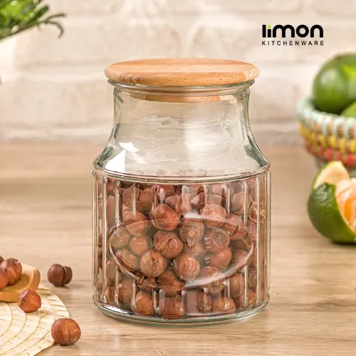 خرید بانکه شیشه ای درب چوبی 1 لیتری لیمون 2262