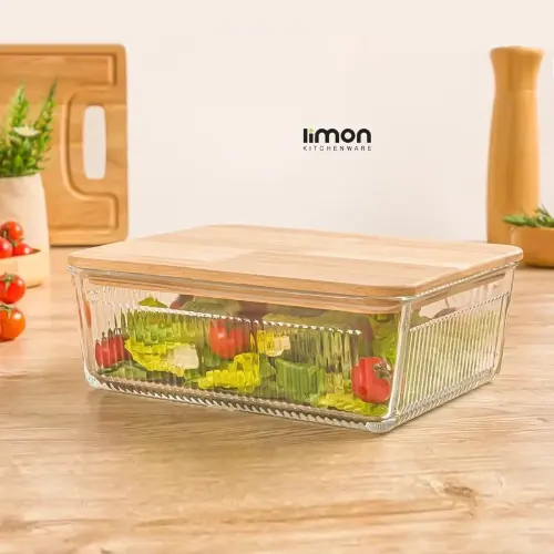 قیمت ظرف شیشه ای شیاردار 2.250 لیتر درب چوبی لیمون 2192