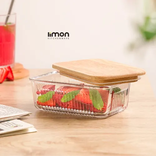 قیمت ظرف شیشه ای شیاردار 450 میلی لیتر درب چوبی لیمون 2190