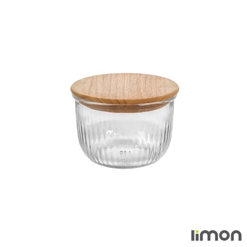 کاسه گرد شیشه ای لیمون 470 میلی لیتر درب چوبی 2175