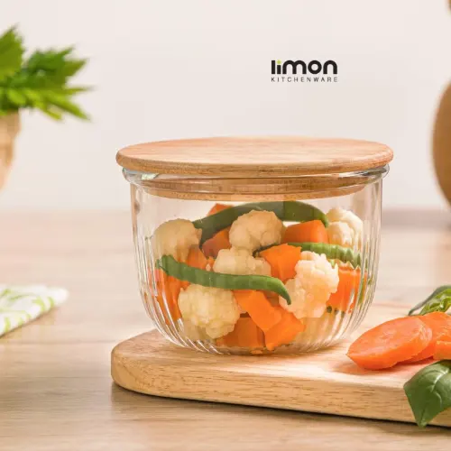 قیمت کاسه گرد شیشه ای لیمون 470 میلی لیتر درب چوبی 2175