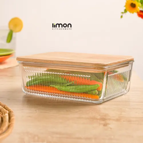 قیمت ظرف شیشه ای شیاردار 1.1 لیتر درب چوبی لیمون 2191